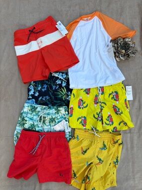 NEW 🐠Old Navy Mixed Boys' Swimwear Bundle with Orange Sleeve Rash Guard - M (8)